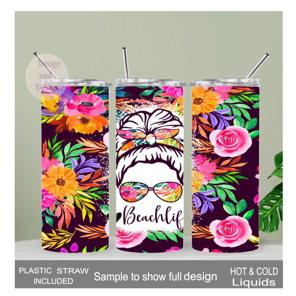 Beach Life Messy Bun Girl Tumbler 20oz With Reusable Straw