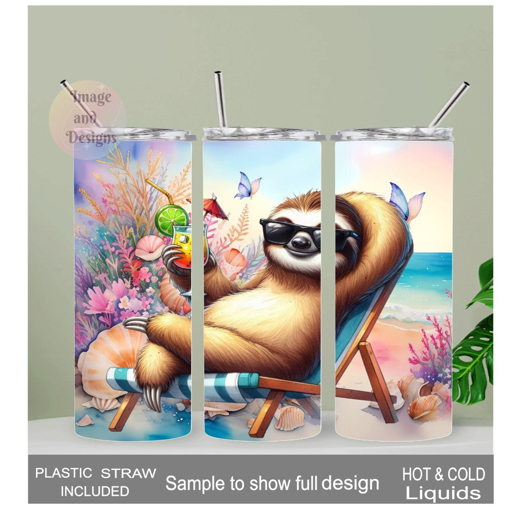 Cute Beach Sloth Tumbler 20oz With Reusable Straw, Can Be Personalized