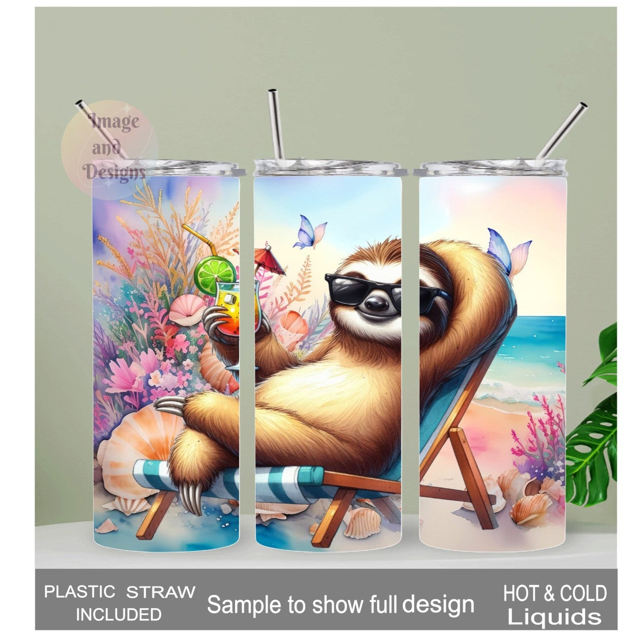 Cute Beach Sloth Tumbler 20oz With Reusable Straw, Can Be Personalized