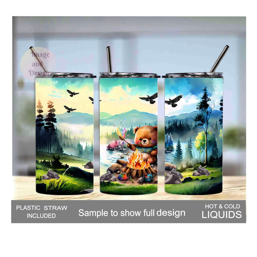 Kids Campfire Bear Tumbler 15oz With Reusable Straw, Can Be Personalized