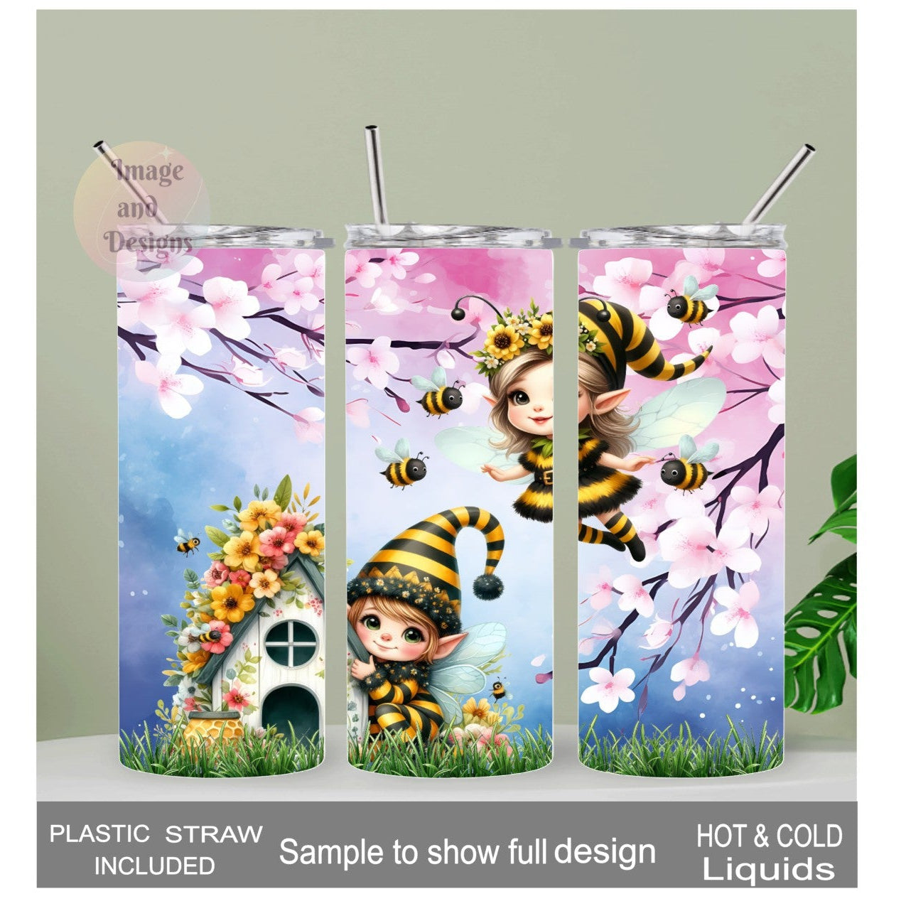 Pretty Bee Elves Tumbler 20oz With Reusable Straw, Can Be Personalized