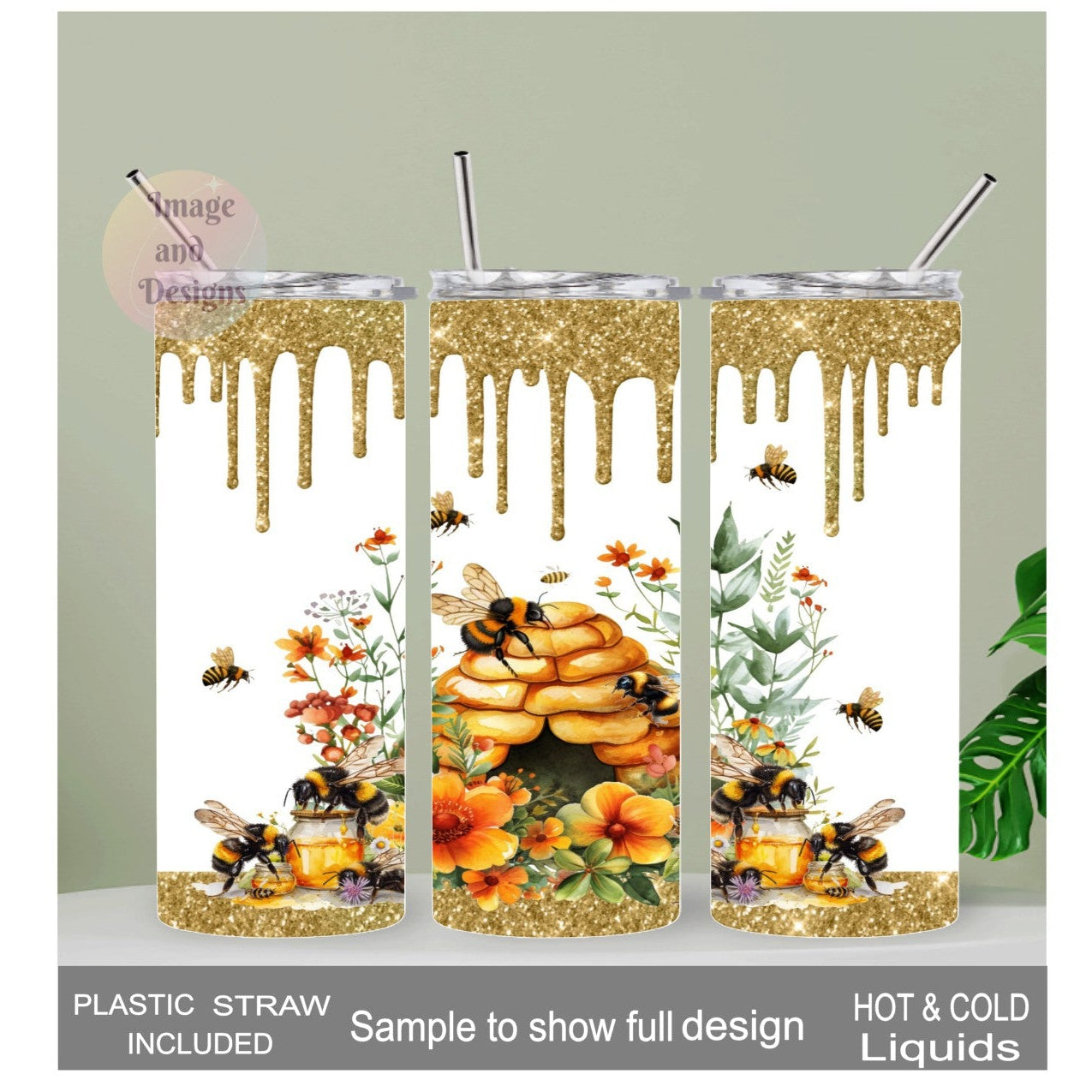 Bee Tumbler With A Glitter Design 20oz With Reusable Straw, Can Be Personalized