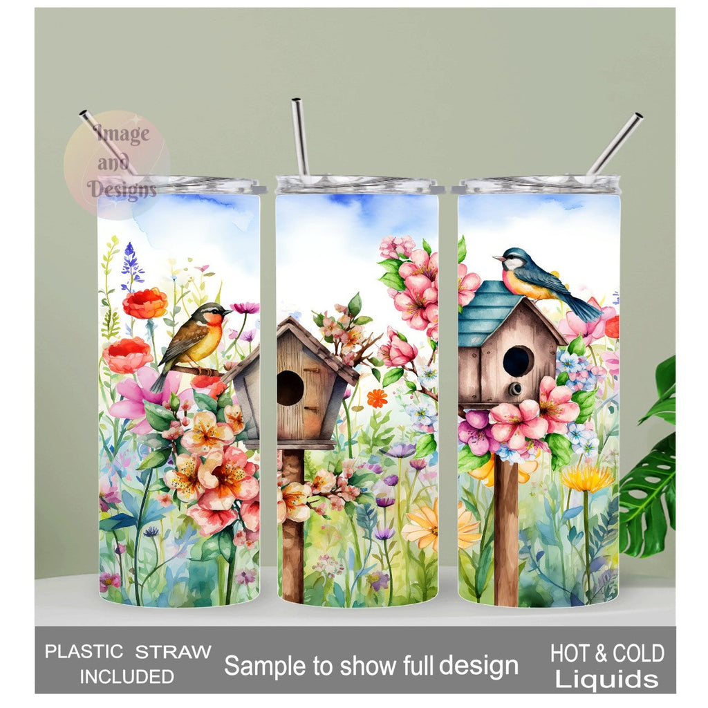 Floral Bird Tumbler 20oz With Reusable Straw, Can Be Personalized