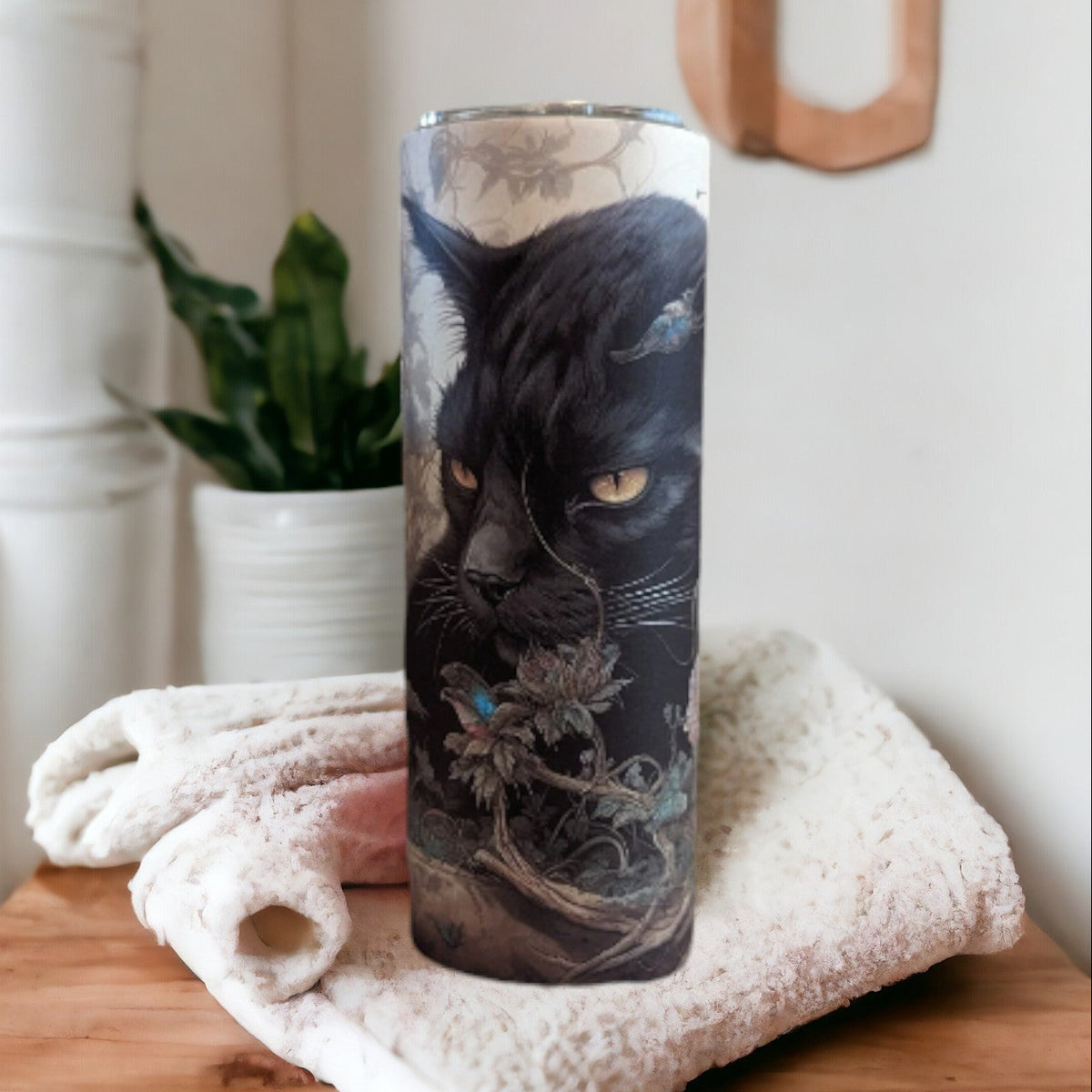 Black Cat and Skull Tumbler 20oz With Reusable Straw, Can Also Be Personalized