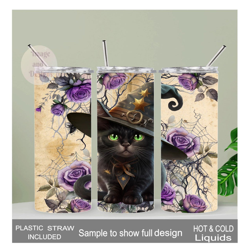 Black Halloween Kitten With Witch Hat and Floral Accents Tumbler 20oz With Reusable Straw, Can Be Personalized