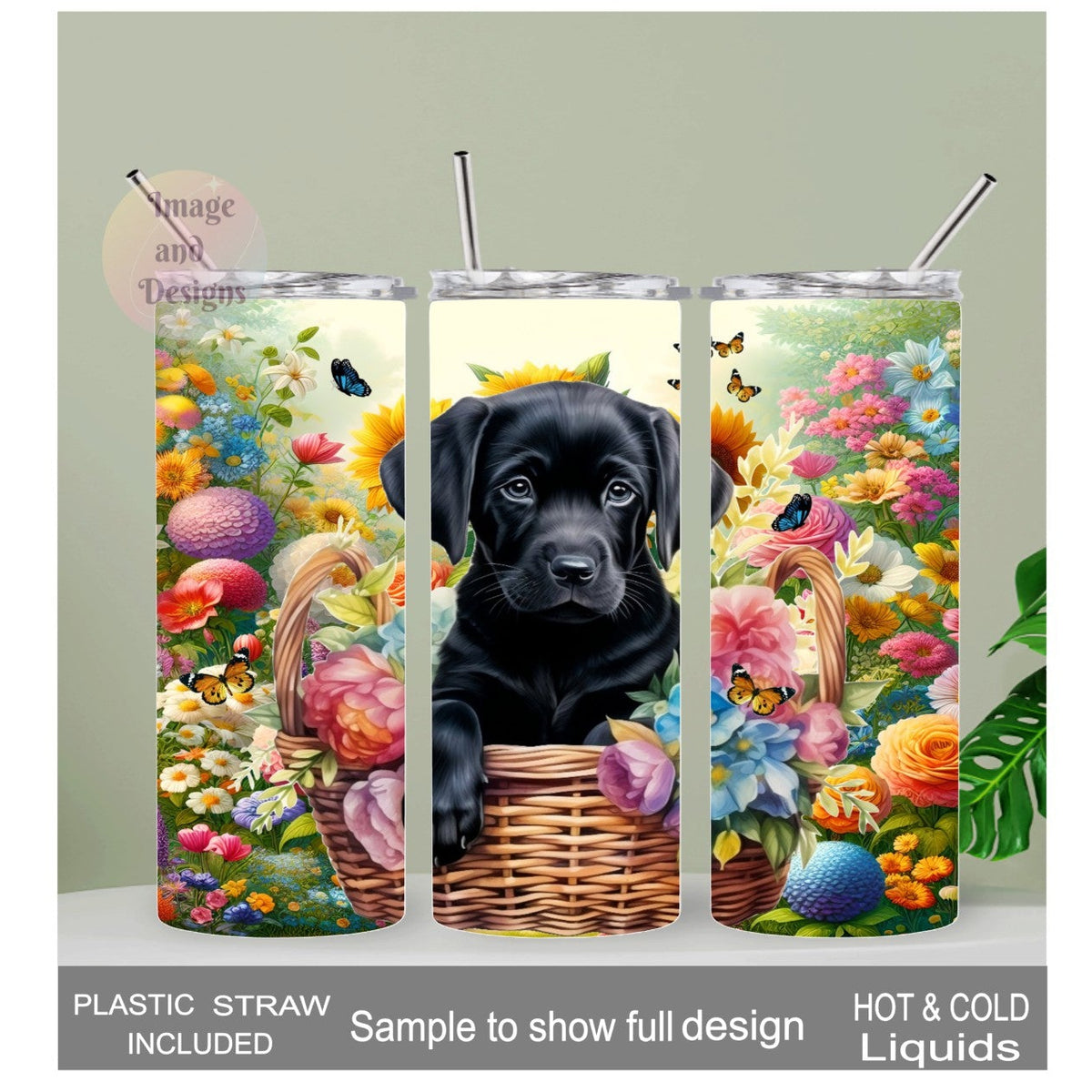 Black Labrador Puppy Tumbler 20oz With Reusable Straw, Can Be Personalized