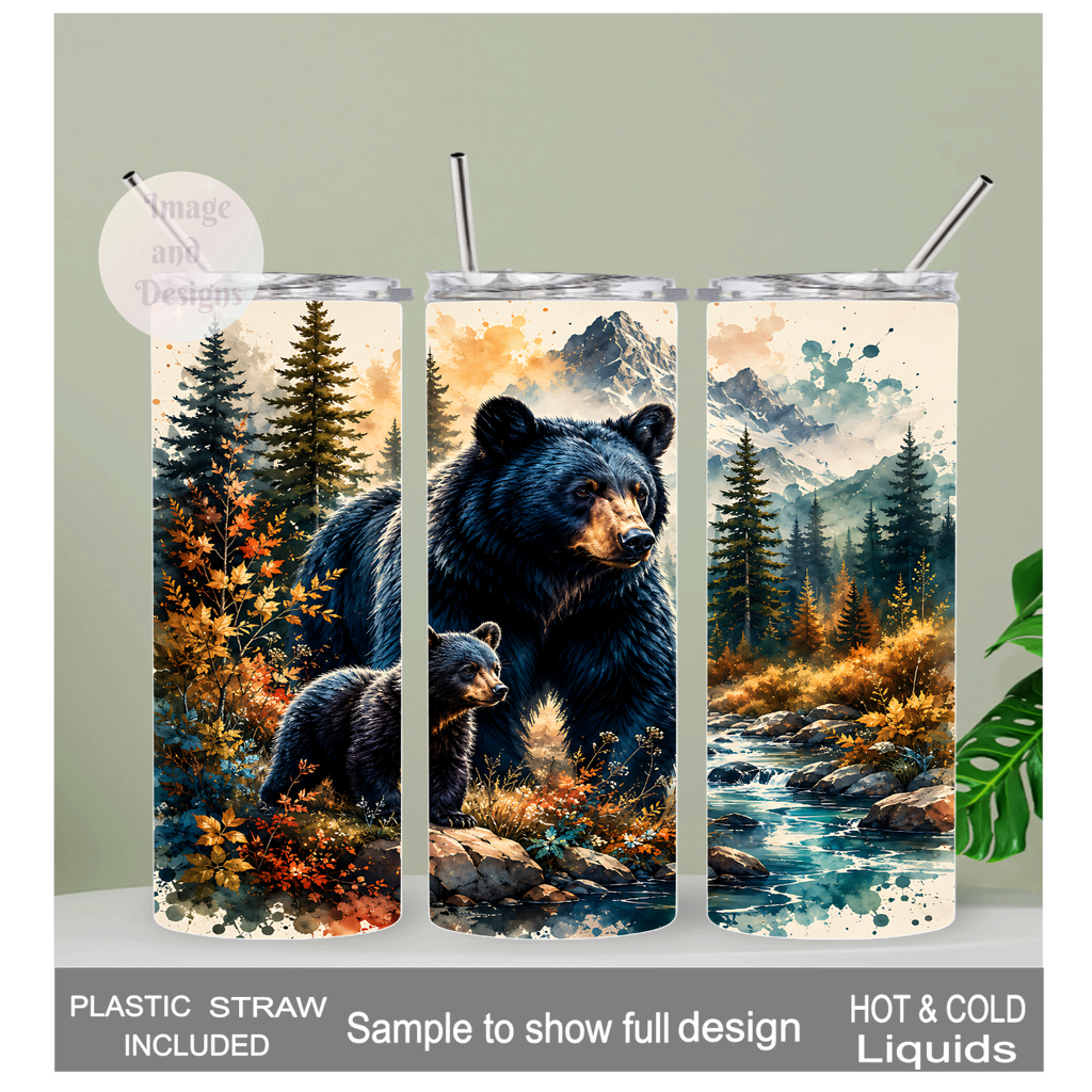 Black Bear With Cub Tumbler 20oz With Reusable Straw, Can Be Personalized