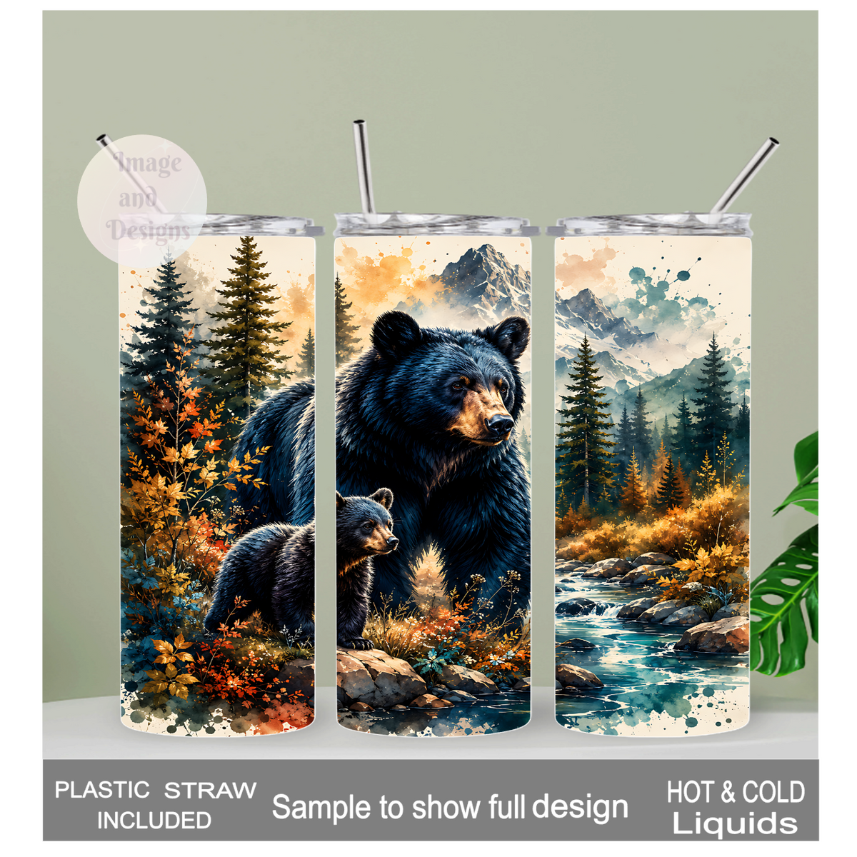 Black Bear With Cub Tumbler 20oz With Reusable Straw, Can Be Personalized