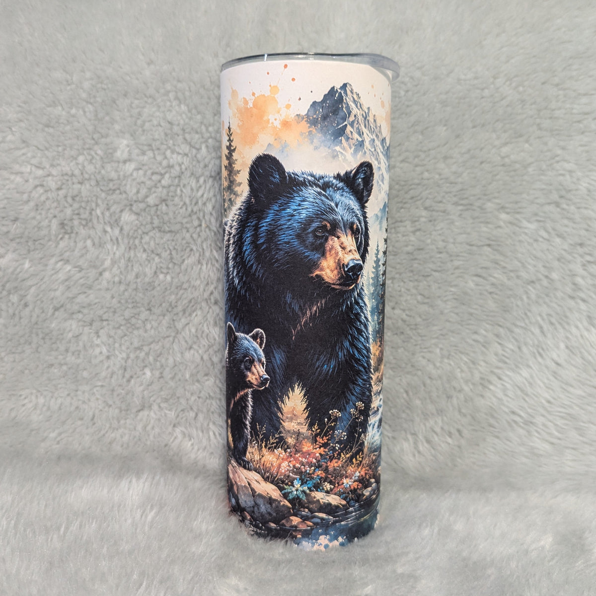Black Bear With Cub Tumbler 20oz With Reusable Straw, Can Be Personalized