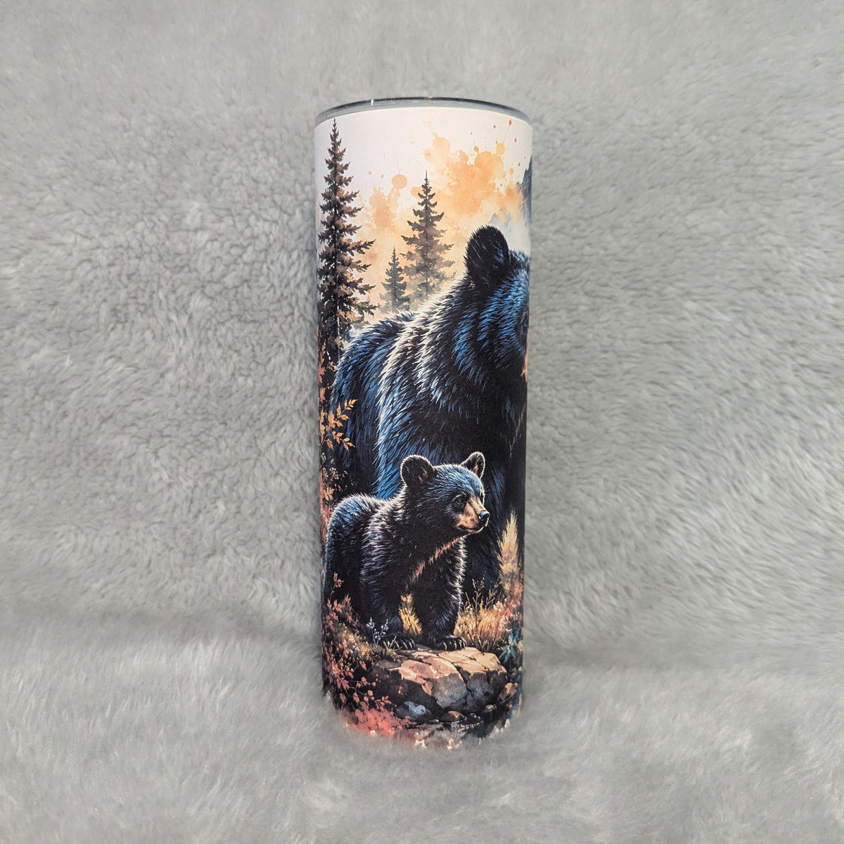 Black Bear With Cub Tumbler 20oz With Reusable Straw, Can Be Personalized