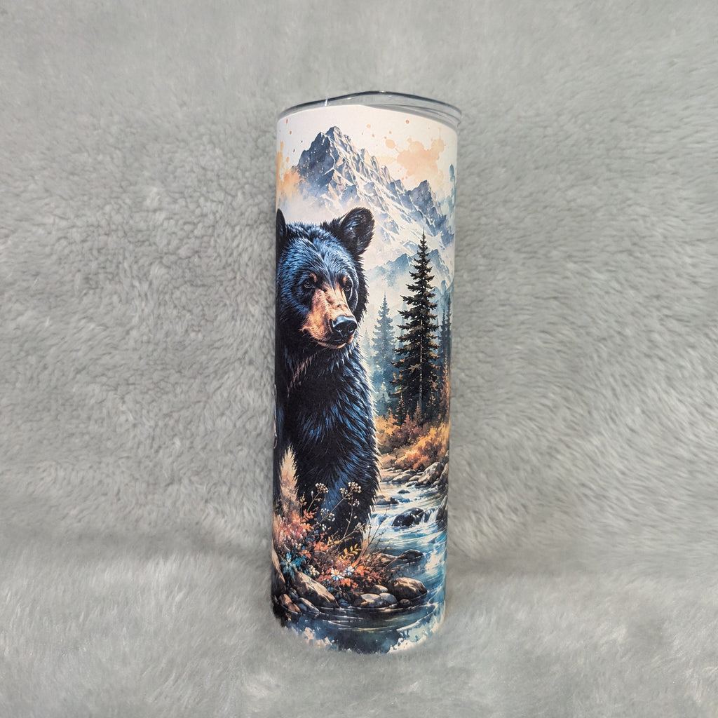 Black Bear With Cub Tumbler 20oz With Reusable Straw, Can Be Personalized