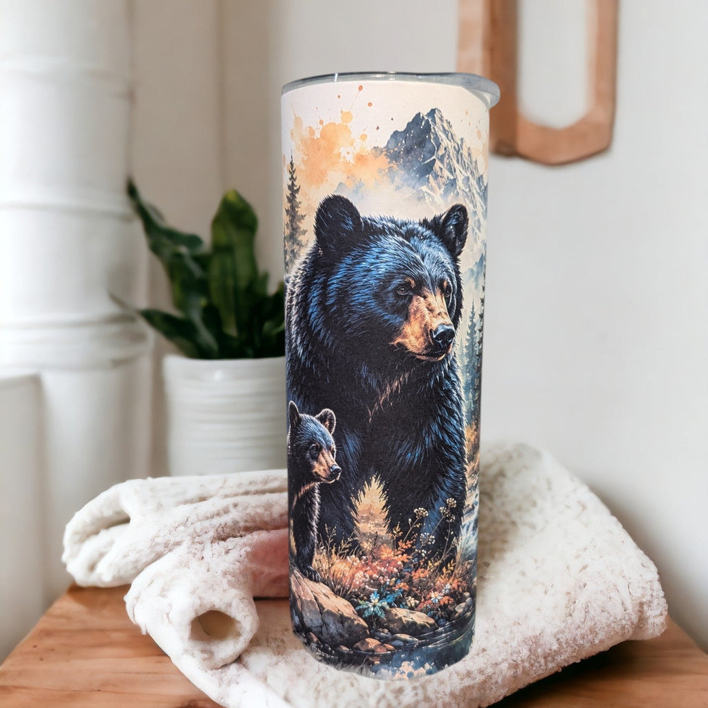 Black Bear With Cub Tumbler 20oz With Reusable Straw, Can Be Personalized