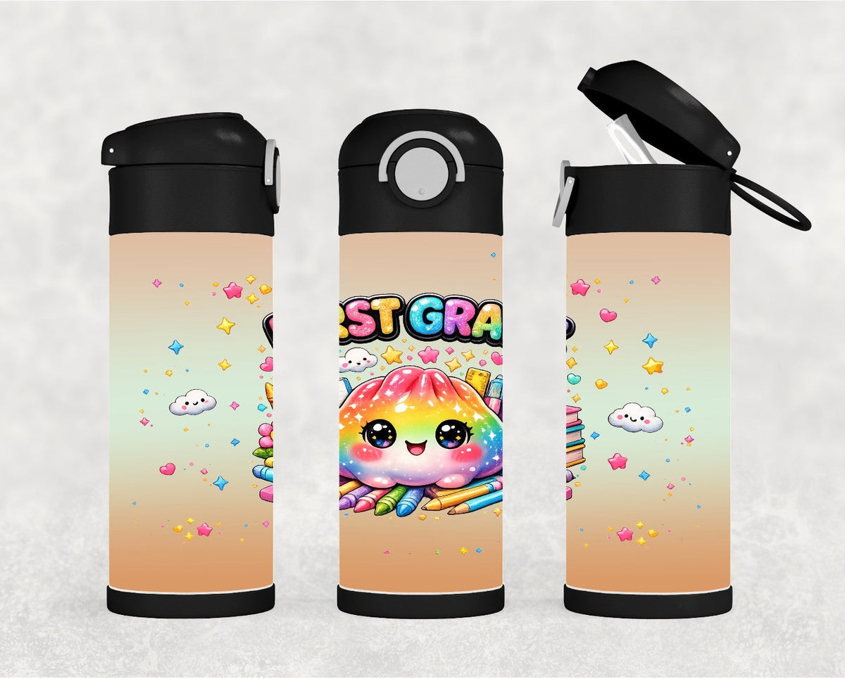 Kids Rainbow school grade dumpling water bottle 12oz Grades Pre K - Fourth Grade available. Includes a reusable straw, can be personalized.