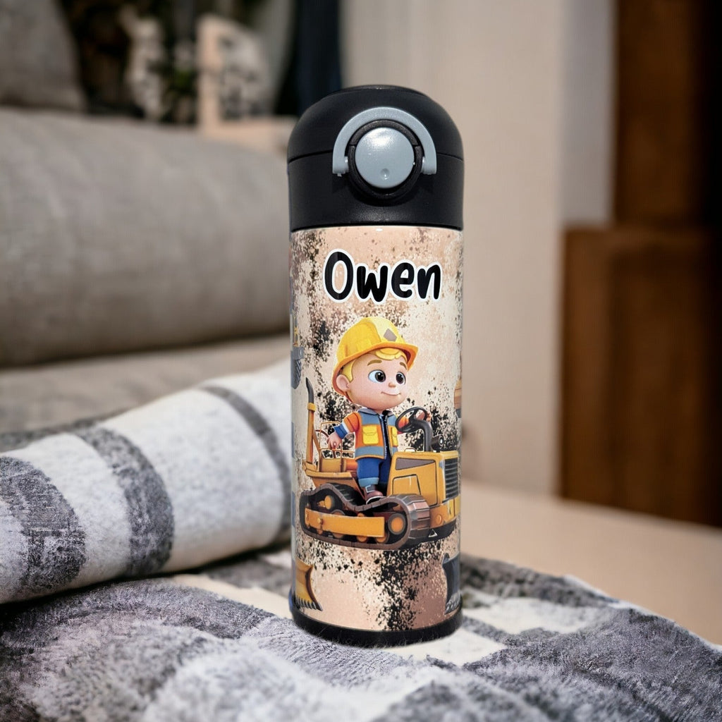 Kids Construction Water 12oz With Reusable Straw Can Be Personalized