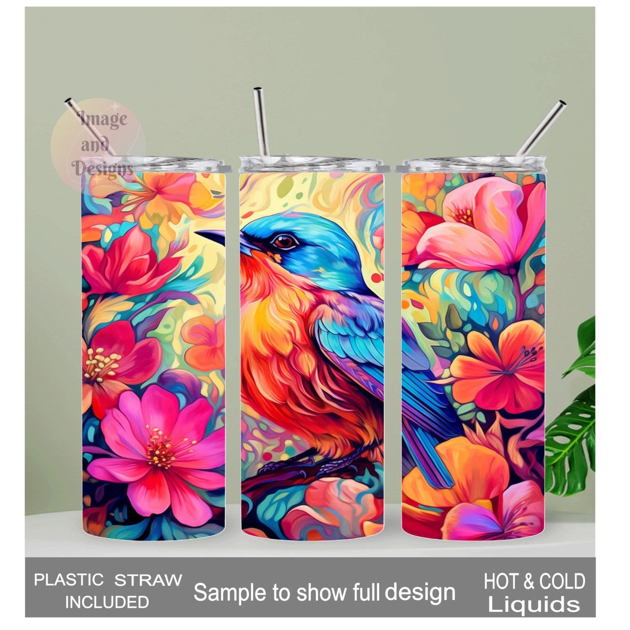 Floral Blue Bird Tumbler 20oz With Reusable Straw, Can Be Personalized