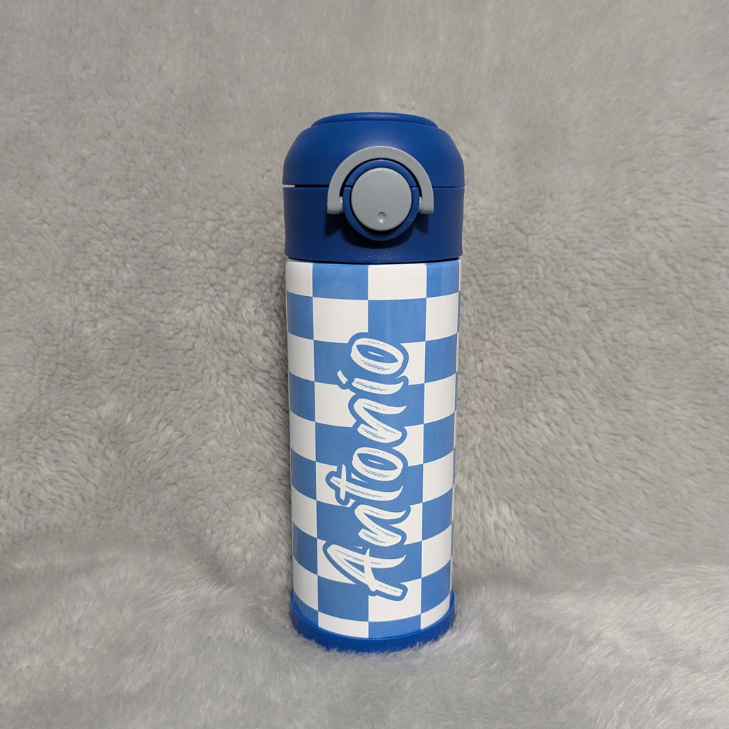 Kids Checkered Water Bottle 12oz With Reusable Straw, Can Be Personalized