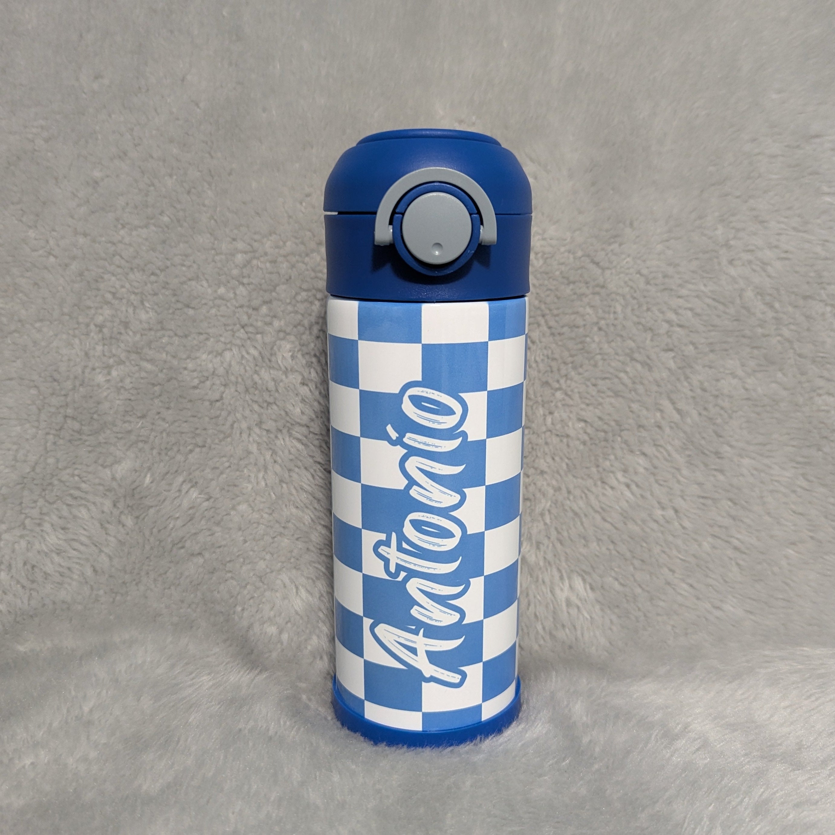 Kids Checkered Water Bottle 12oz With Reusable Straw, Can Be Personalized