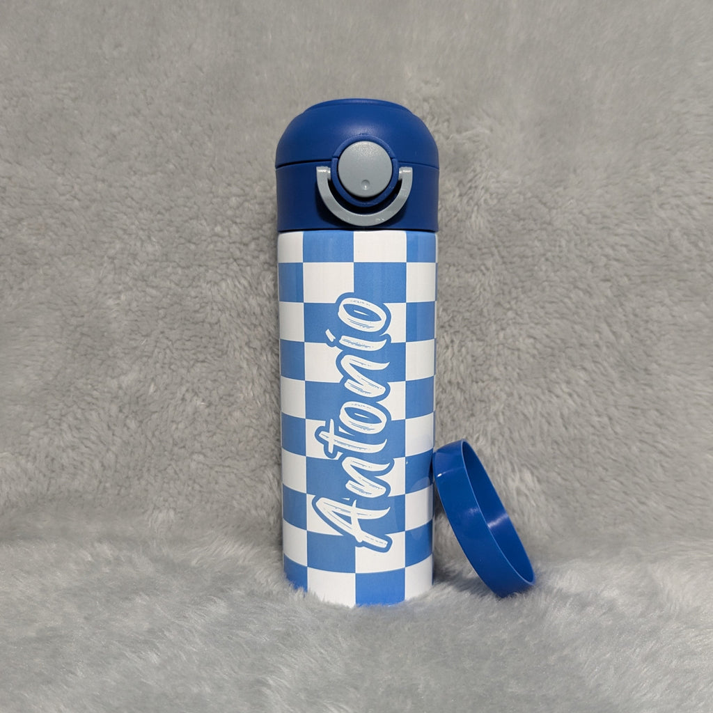 Kids Checkered Water Bottle 12oz With Reusable Straw, Can Be Personalized