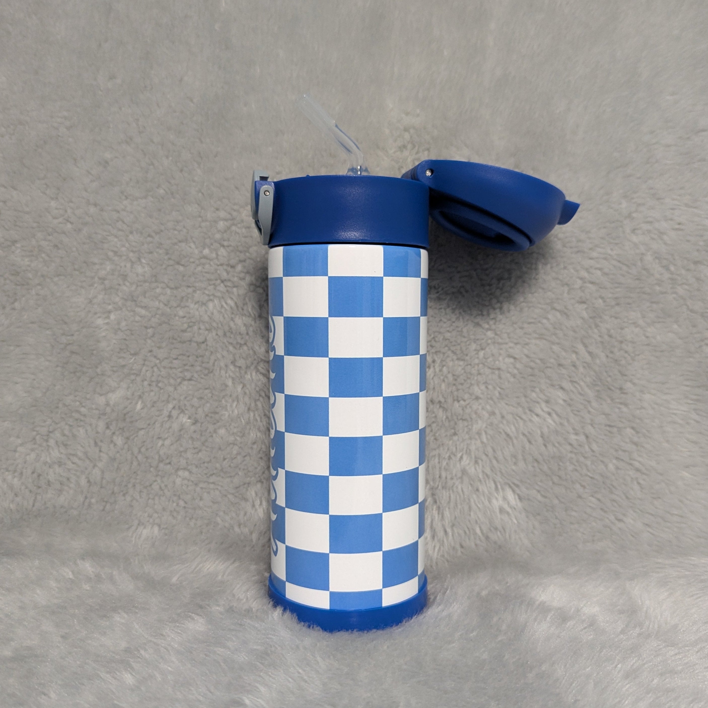 Kids Checkered Water Bottle 12oz With Reusable Straw, Can Be Personalized