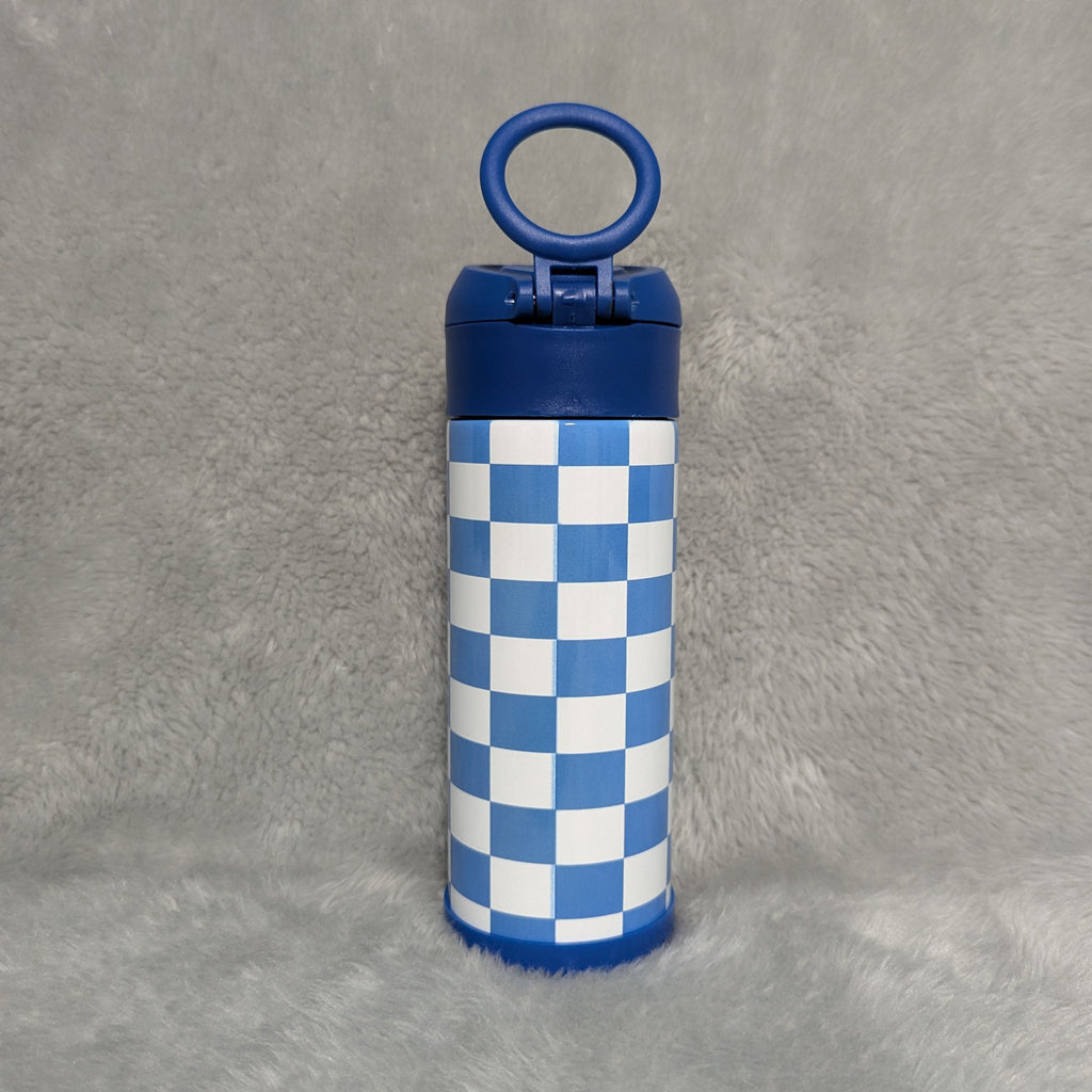 Kids Checkered Water Bottle 12oz With Reusable Straw, Can Be Personalized