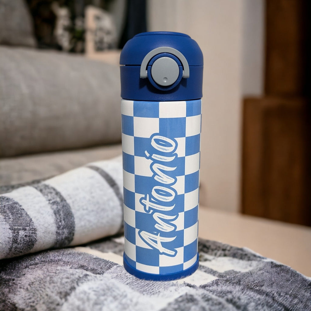 Kids Checkered Water Bottle 12oz With Reusable Straw, Can Be Personalized
