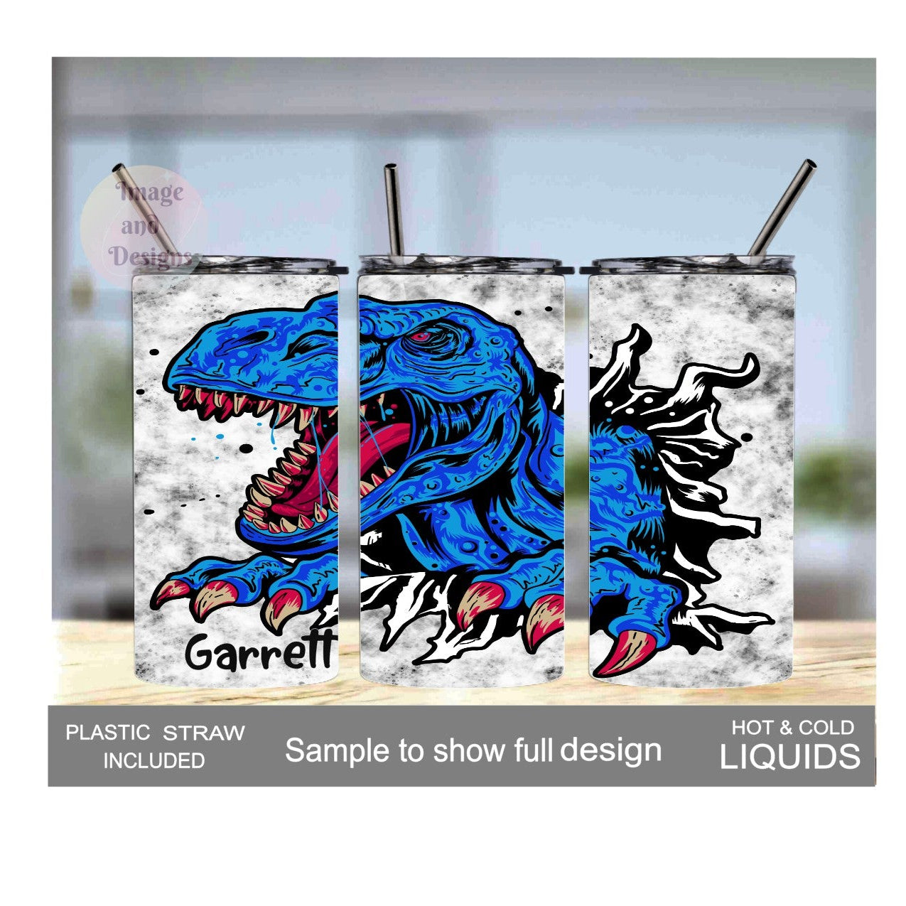 Kids Blue Dinosaur Tumbler 15oz With Reusable Straw, Can Be Personalized
