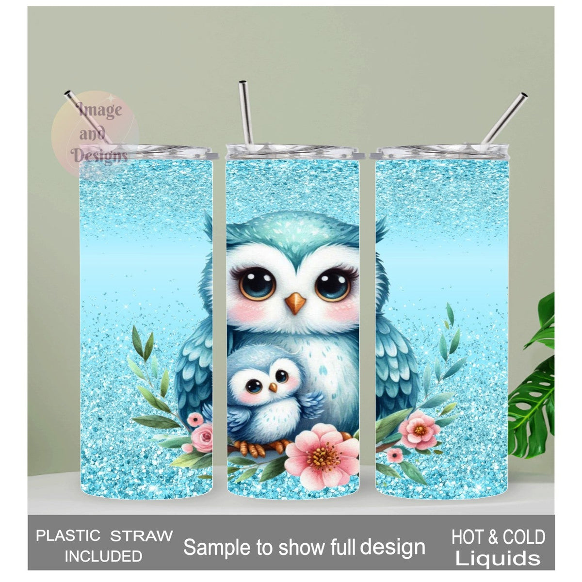 Blue Owl Tumbler with A Glitter Design 20oz With Reusable Straw, Can Be Personalized