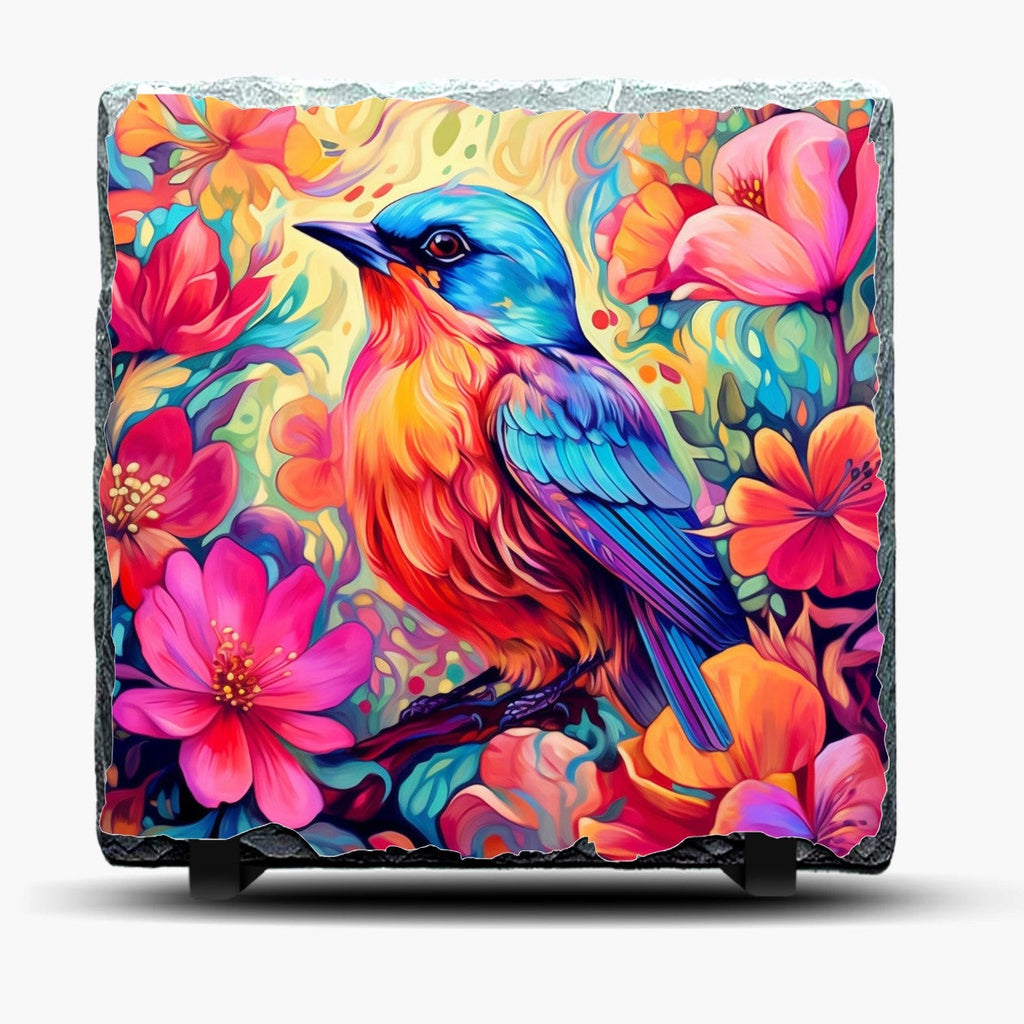 Slate Bird Picture With Neon Colors and Flowers, Includes Display Legs