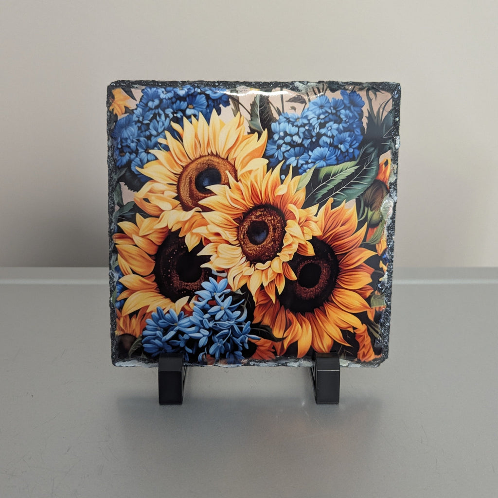 Sunflowers With Blue Flowers Slate Picture With Display Legs