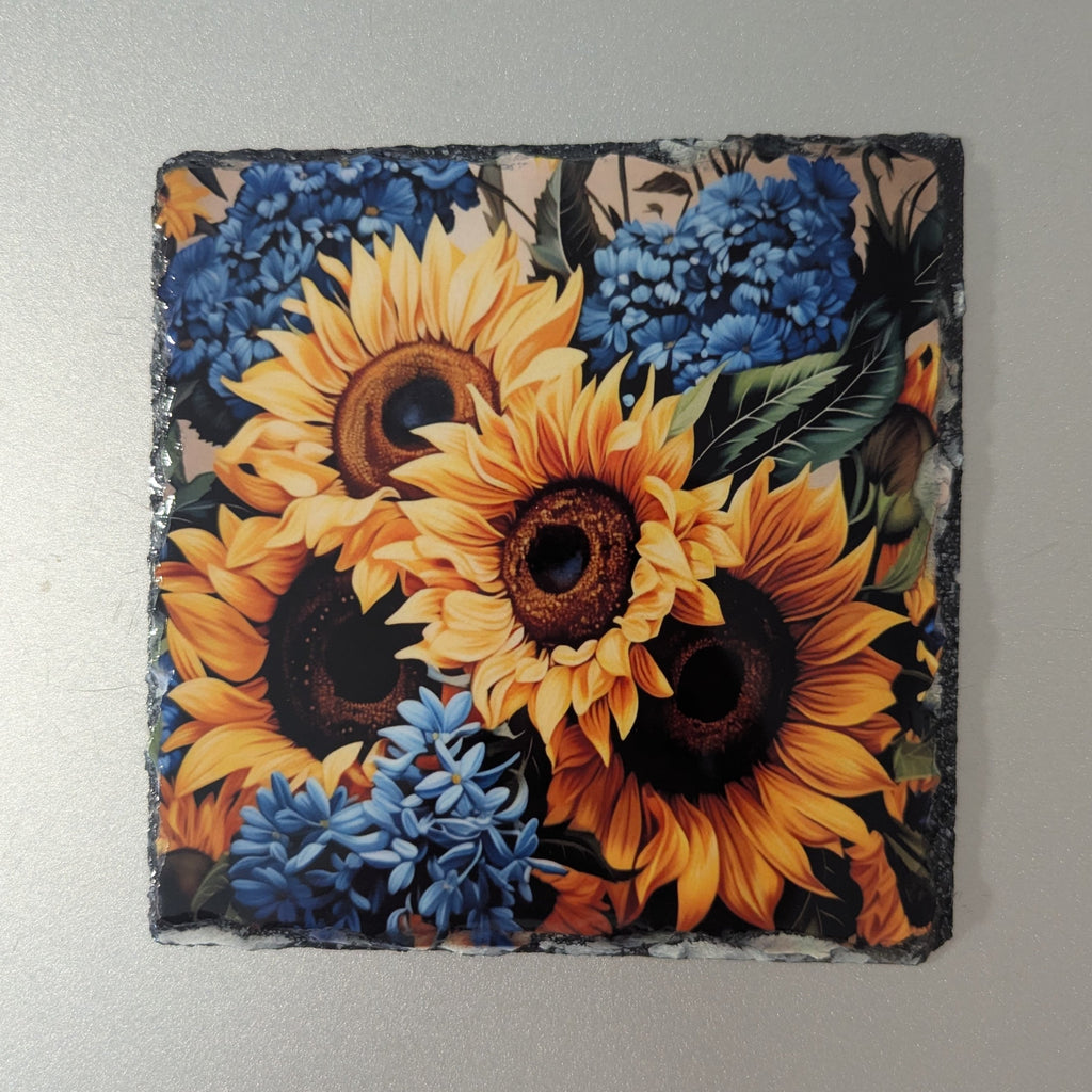 Sunflowers With Blue Flowers Slate Picture With Display Legs