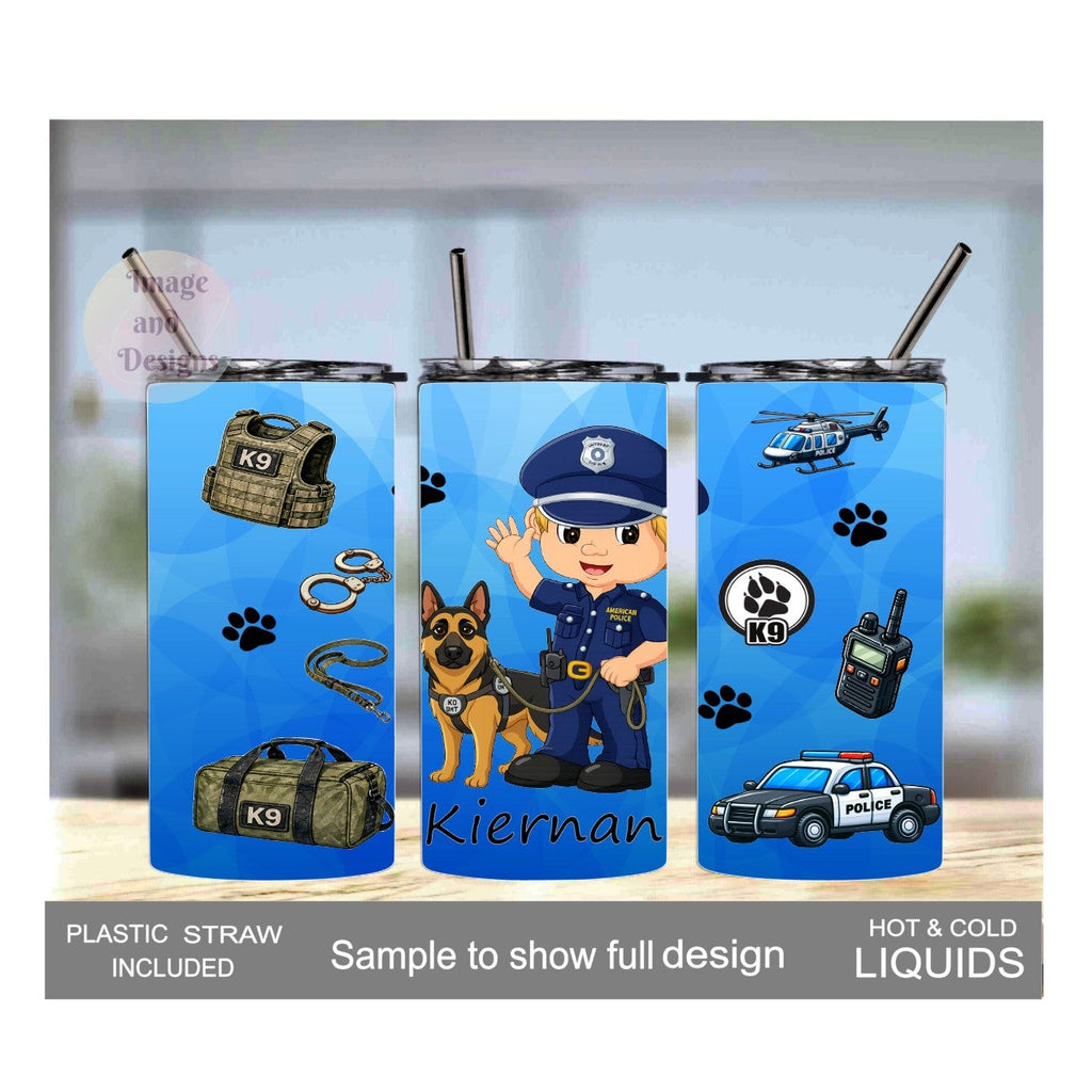 Boy Cop With K9 Dog 15oz Tumbler - 3 Hair Color Options - With Reusablw Straw, Can Be Personalized