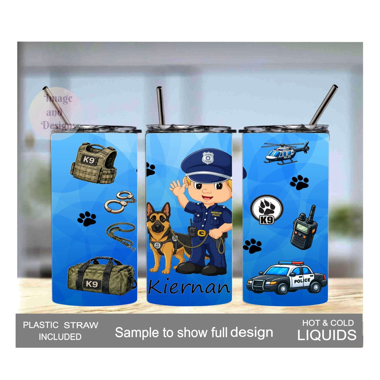 Boy Cop With K9 Dog 15oz Tumbler - 3 Hair Color Options - With Reusablw Straw, Can Be Personalized