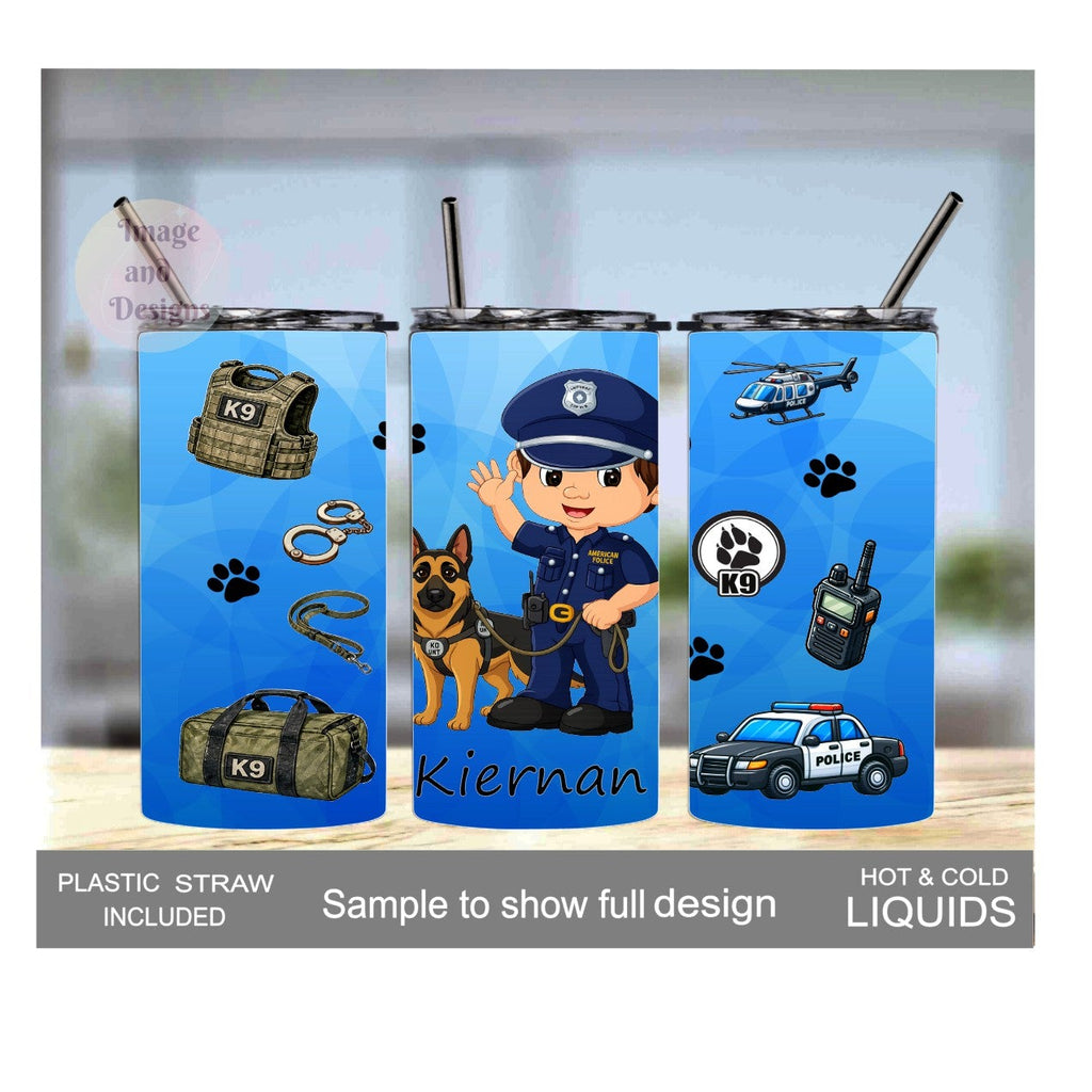 Boy Cop With K9 Dog 15oz Tumbler - 3 Hair Color Options - With Reusablw Straw, Can Be Personalized