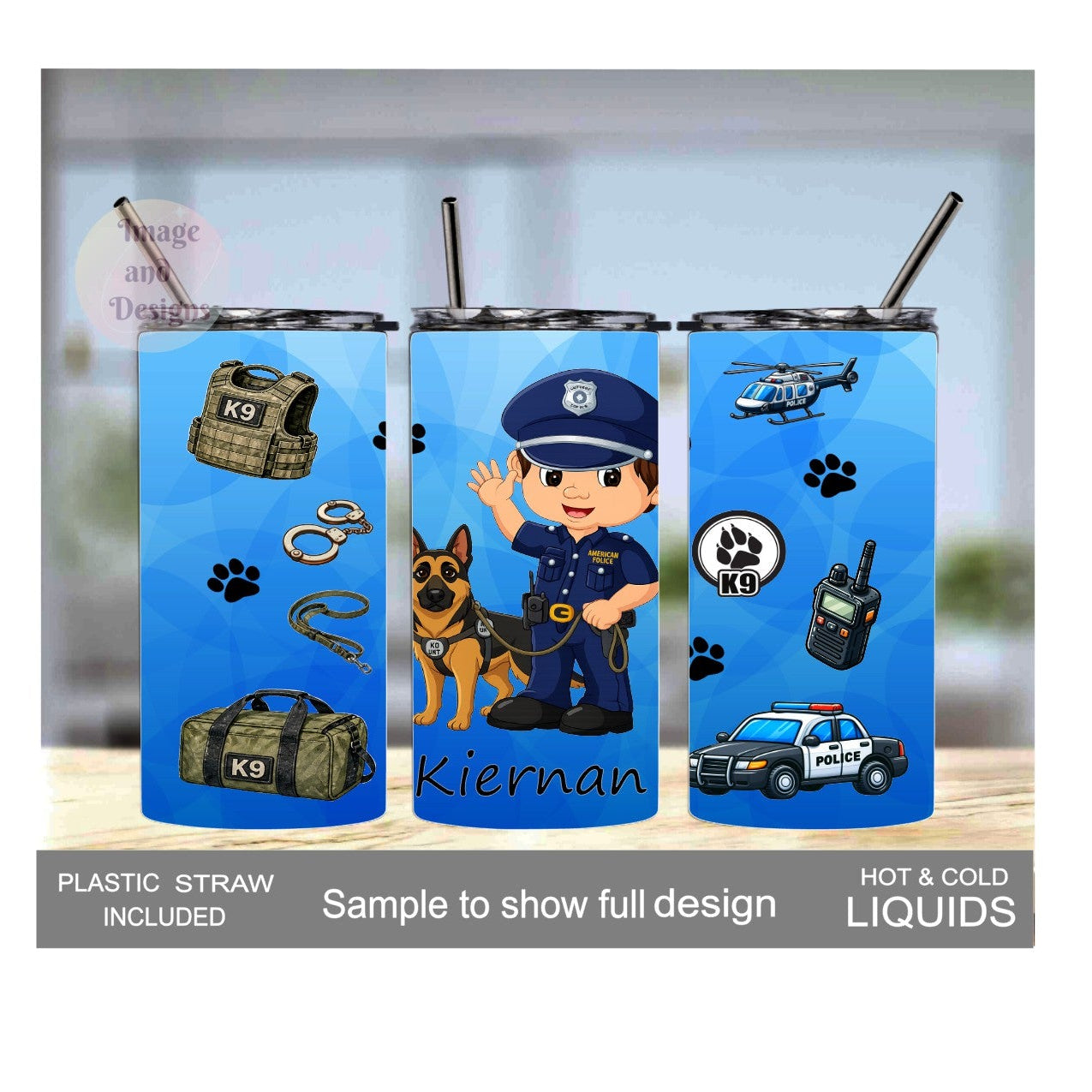 Boy Cop With K9 Dog 15oz Tumbler - 3 Hair Color Options - With Reusablw Straw, Can Be Personalized