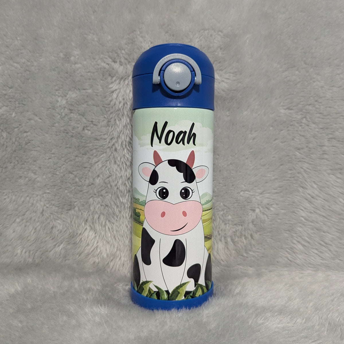 Kids Cow Water Bottle 12oz With Reusable Straw Can Be Personalized