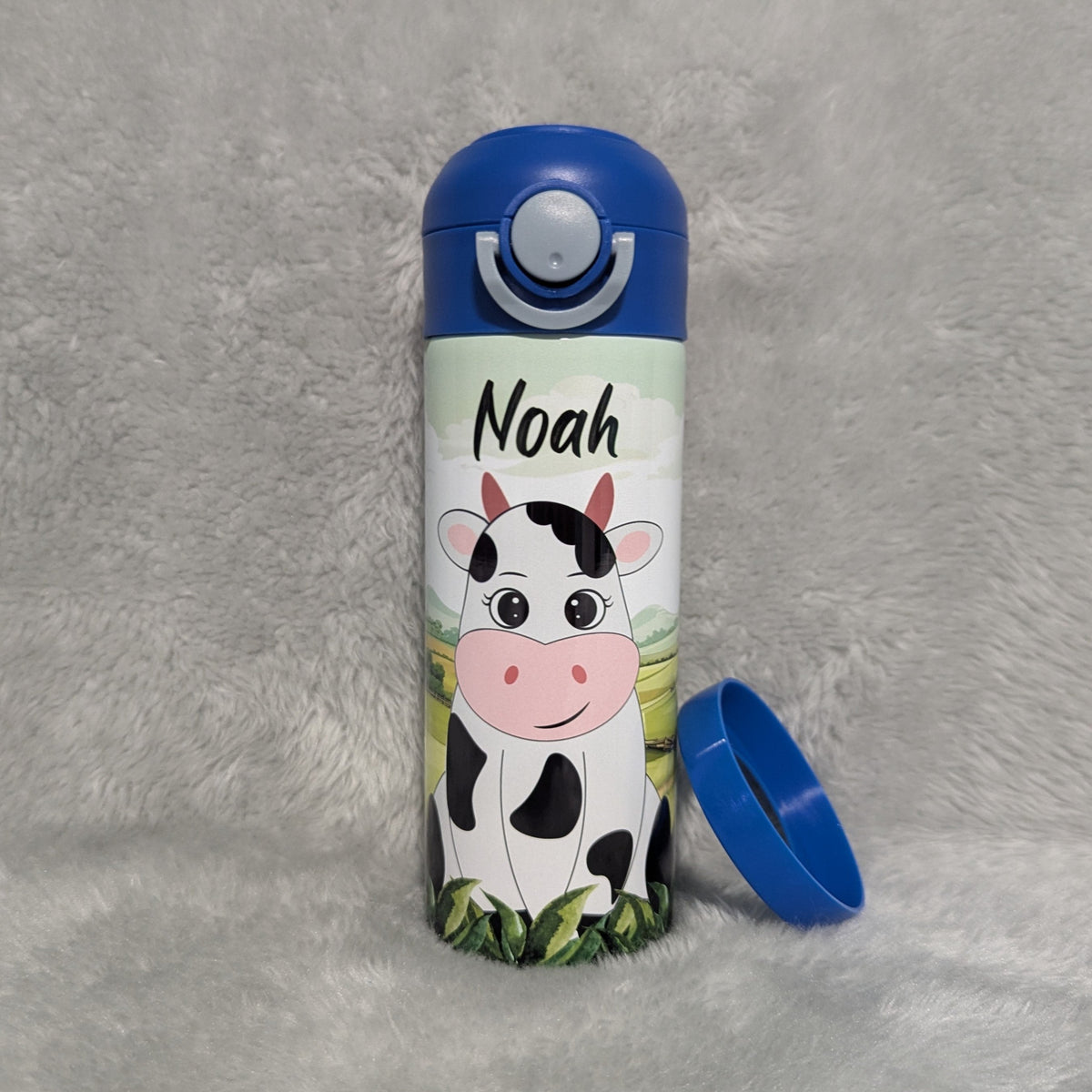 Kids Cow Water Bottle 12oz With Reusable Straw Can Be Personalized