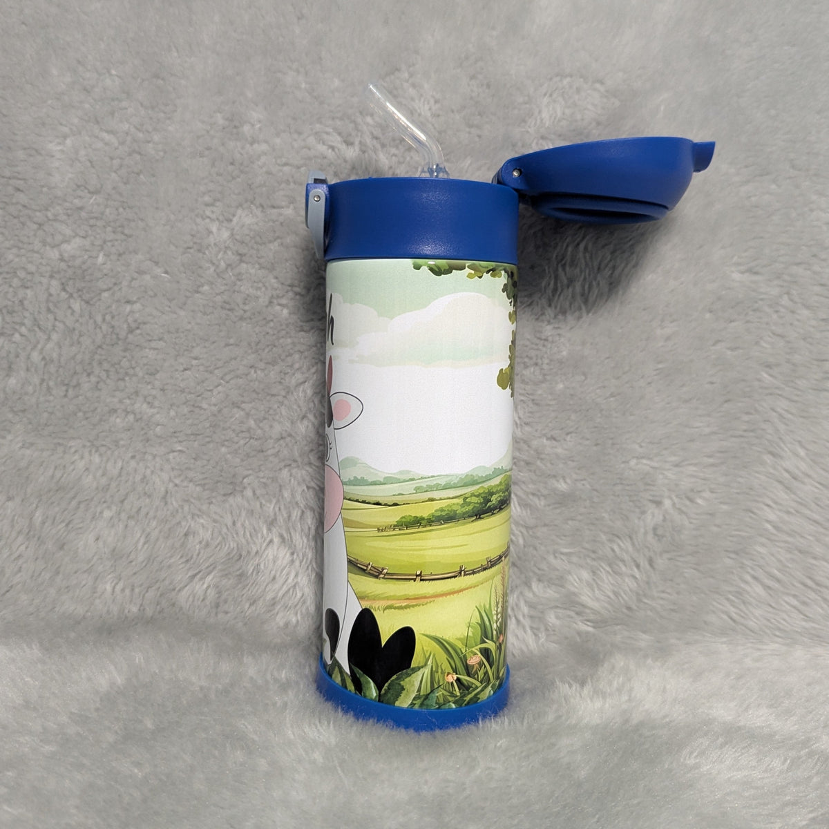 Kids Cow Water Bottle 12oz With Reusable Straw Can Be Personalized