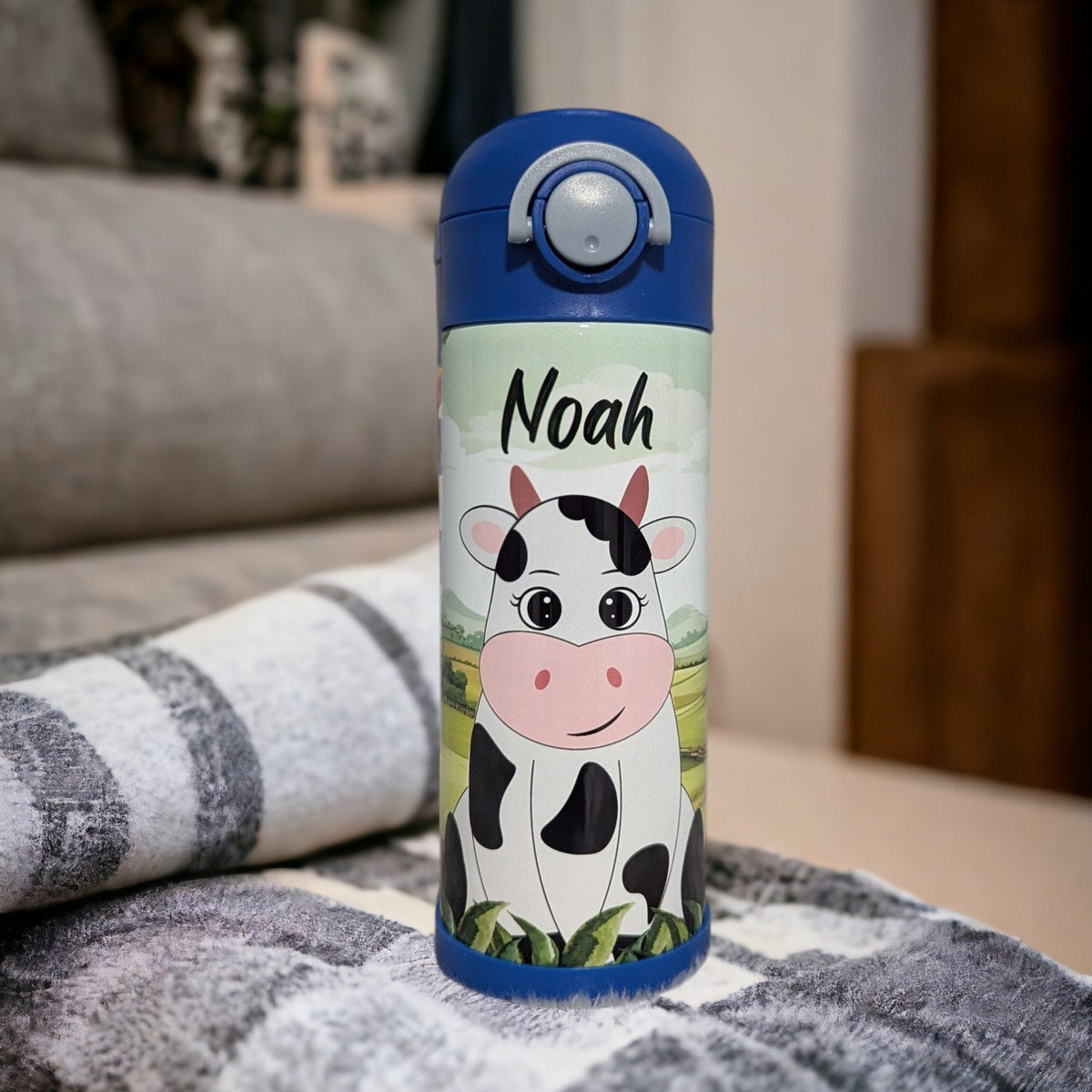 Kids Cow Water Bottle 12oz With Reusable Straw Can Be Personalized