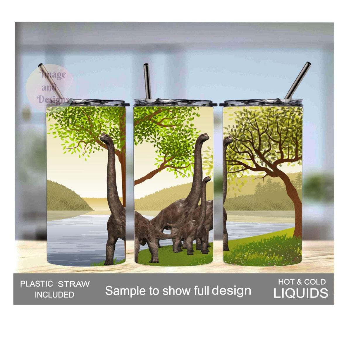 Kids Brachiosaurus Dinosaur Tumbler 15oz With Reusable Straw, Can Be Personalized