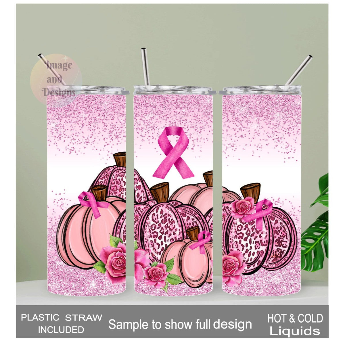 Pink Ribbon Cancer Awareness Pumpkin Tumbler 20oz With Reusable Straw, Can Be Personalized