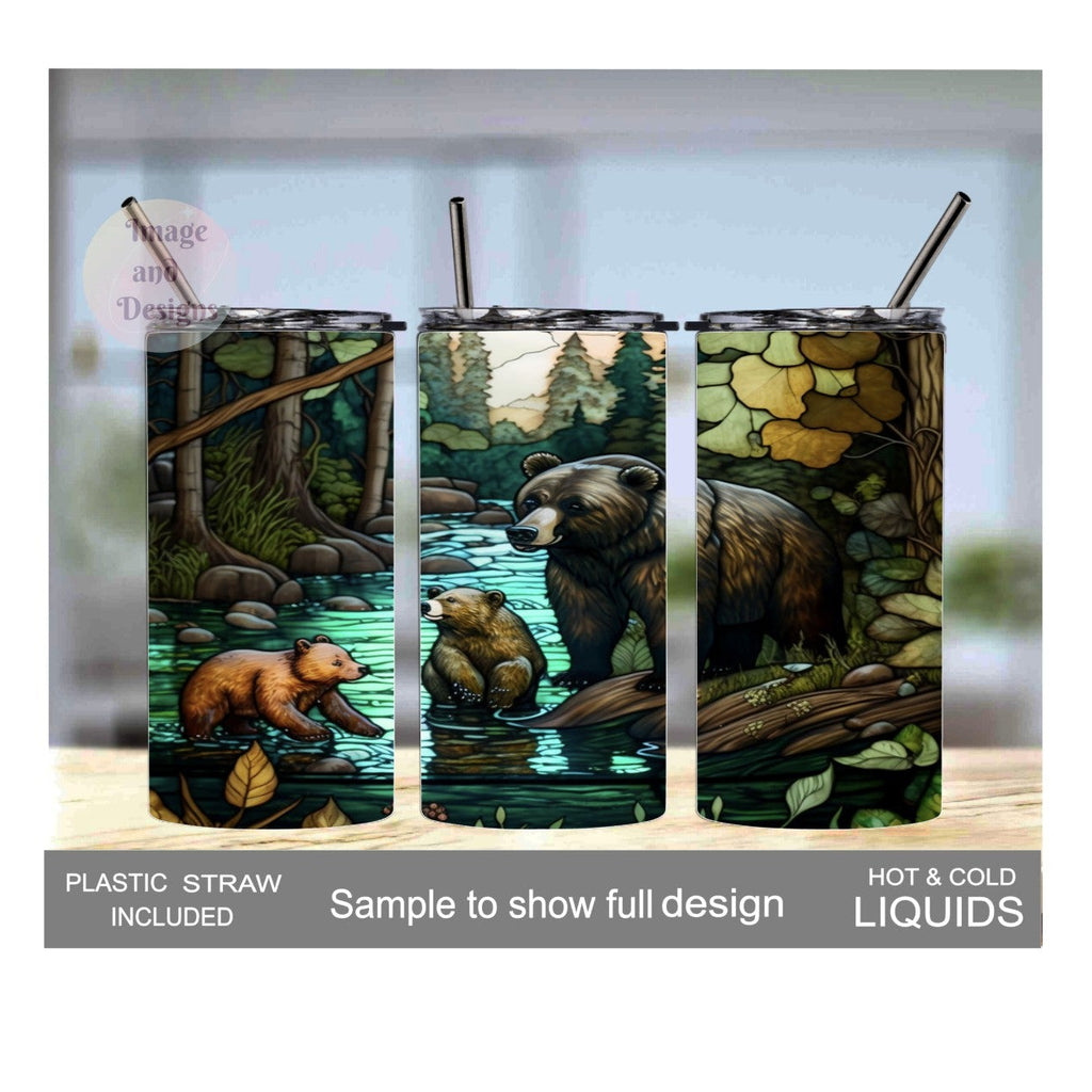 Kids Brown Bear Tumbler With A Unique Stained Glass Design 15oz With Reusable Straw, Can Be Personalized