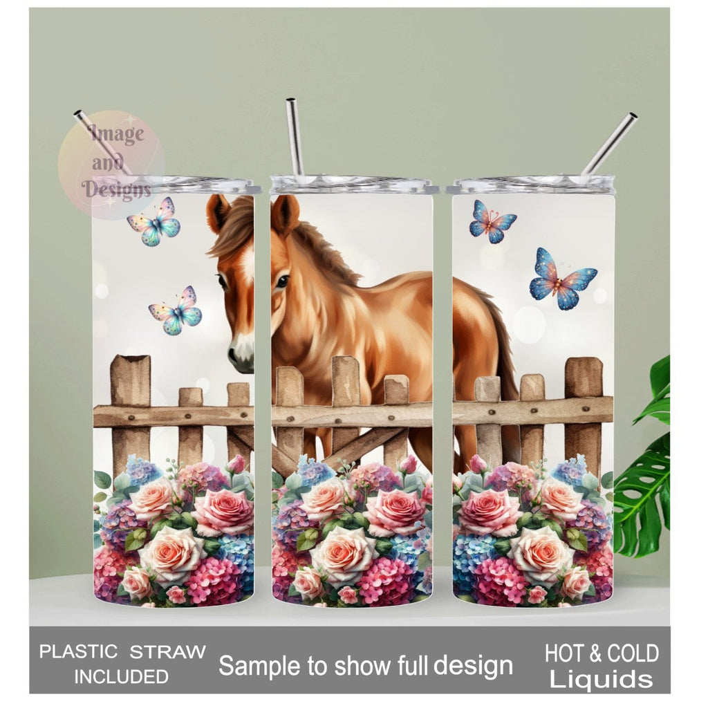 Pony Tumbler With Pretty Flowers 20oz With Reusable Straw, Can Be Personalized