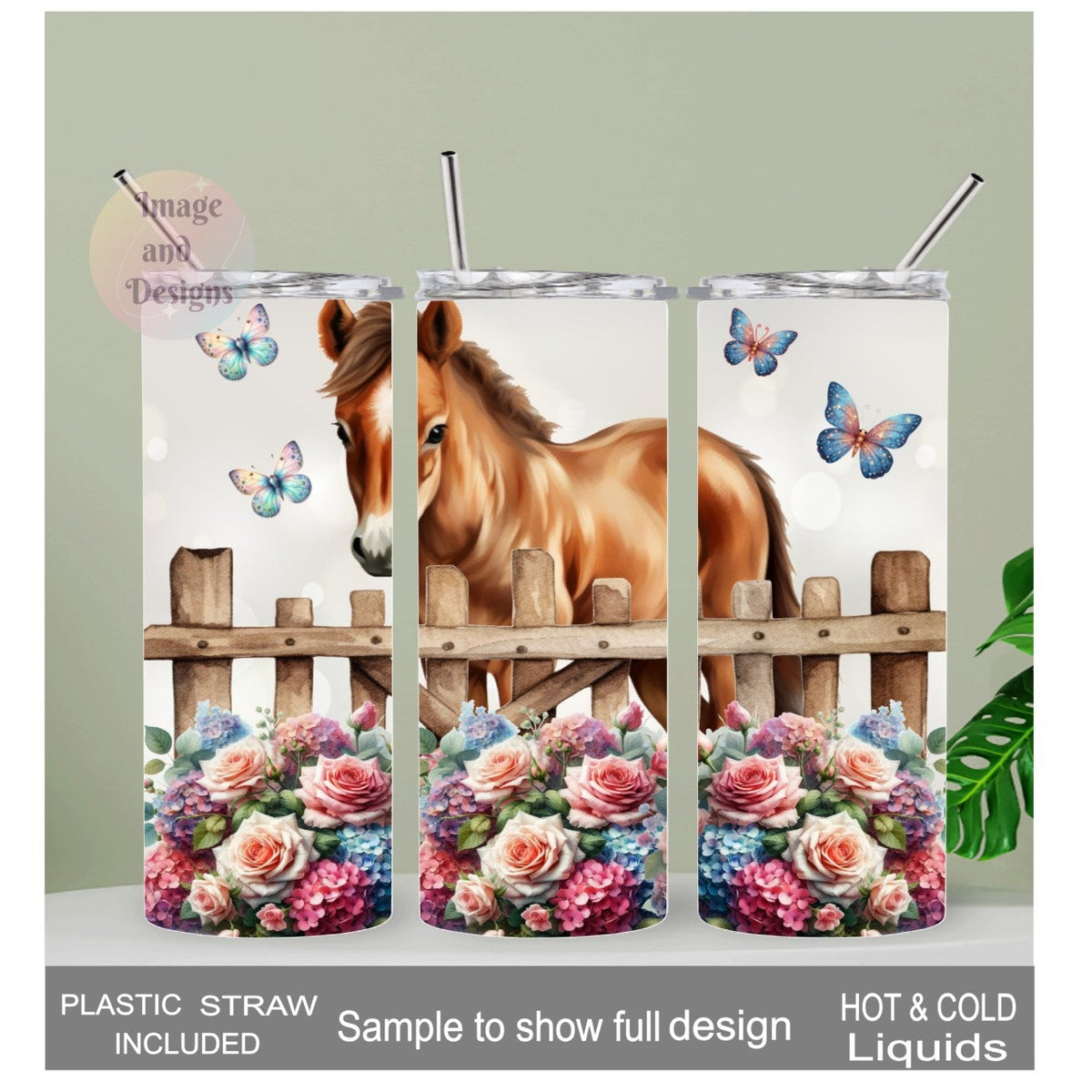 Pony Tumbler With Pretty Flowers 20oz With Reusable Straw, Can Be Personalized