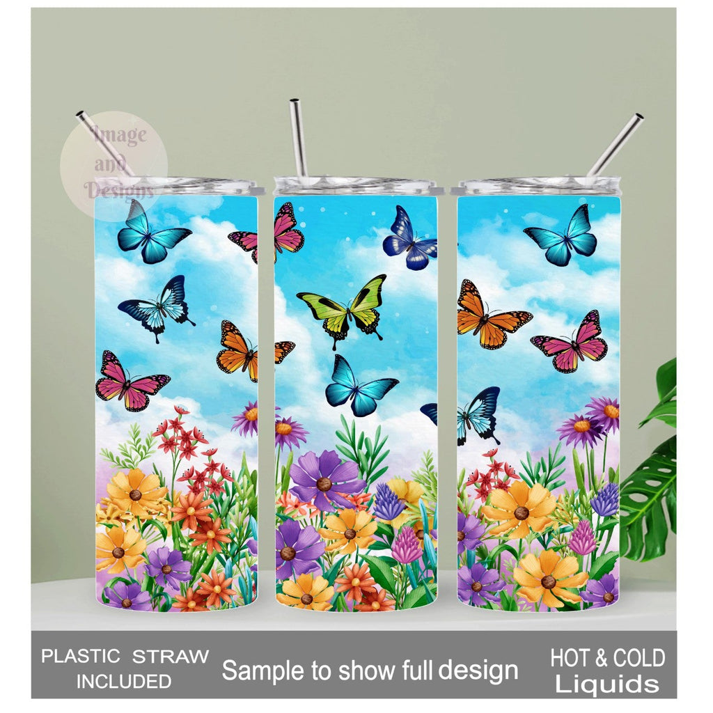 Floral Butterfly Tumbler 20oz With Reusable Straw, Can Be Personalized