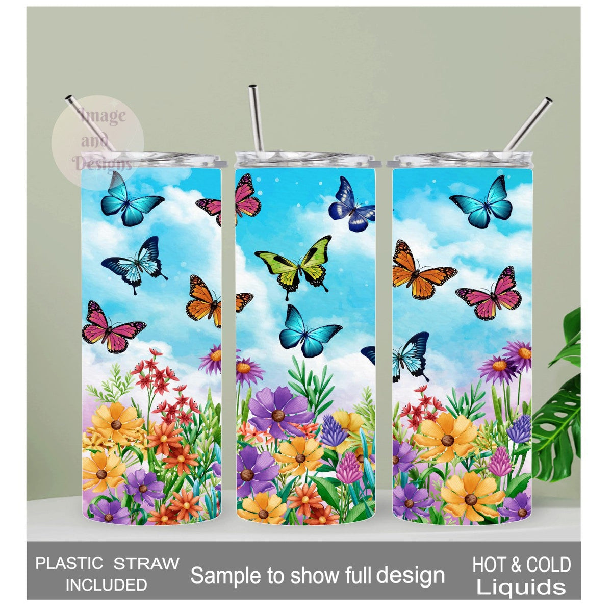 Floral Butterfly Tumbler 20oz With Reusable Straw, Can Be Personalized