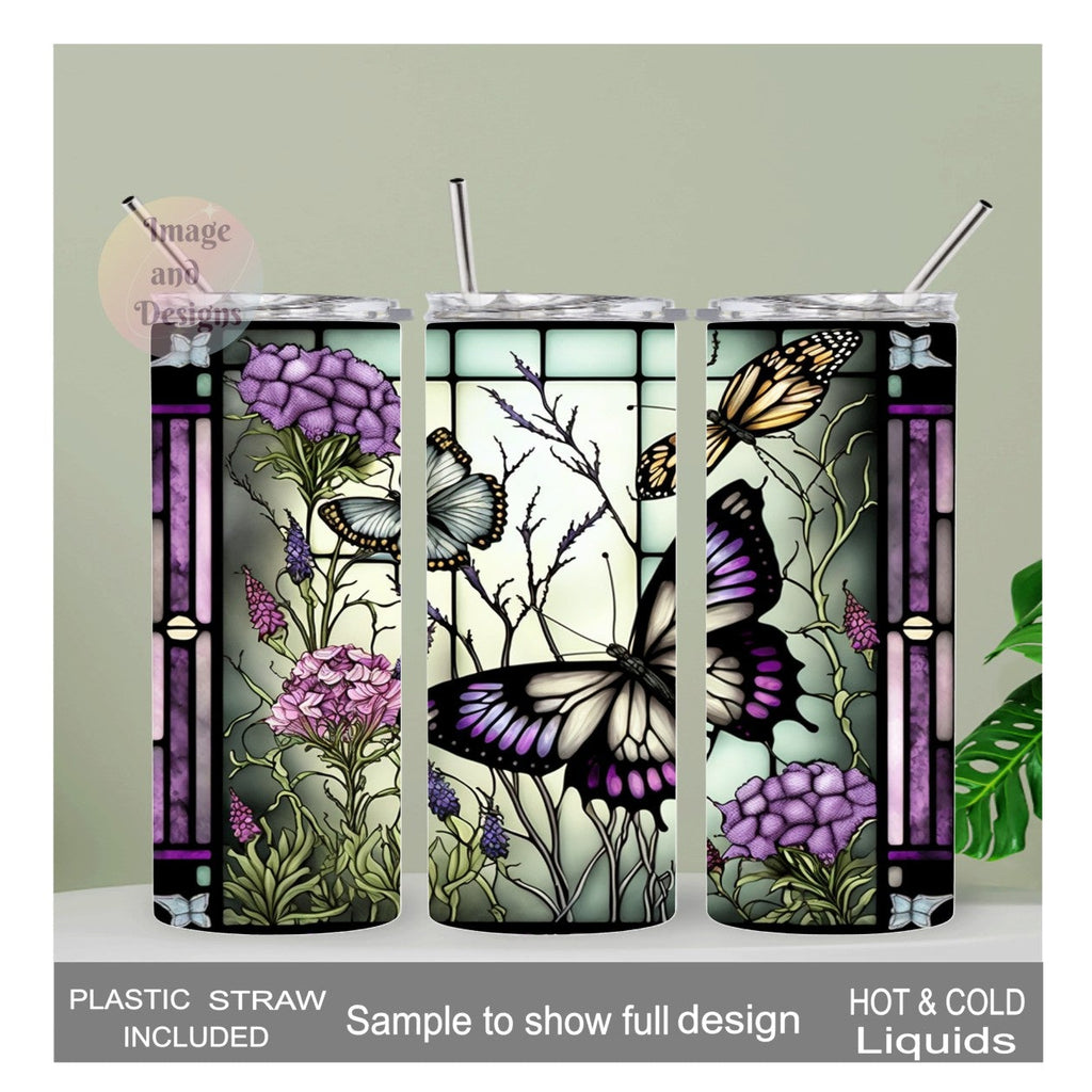 Beautiful Butterfly Tumbler With A Stained Glass Design  20oz With Reusable Straw, Can Be Personalized