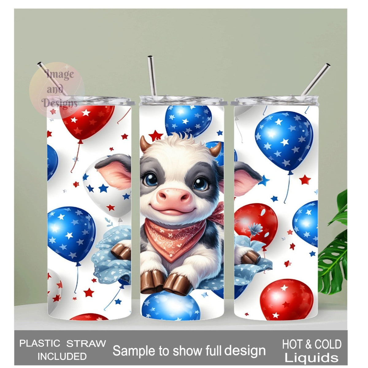 Patriotic Cow Tumbler 20oz With Reusable Straw, Can Be Personalized
