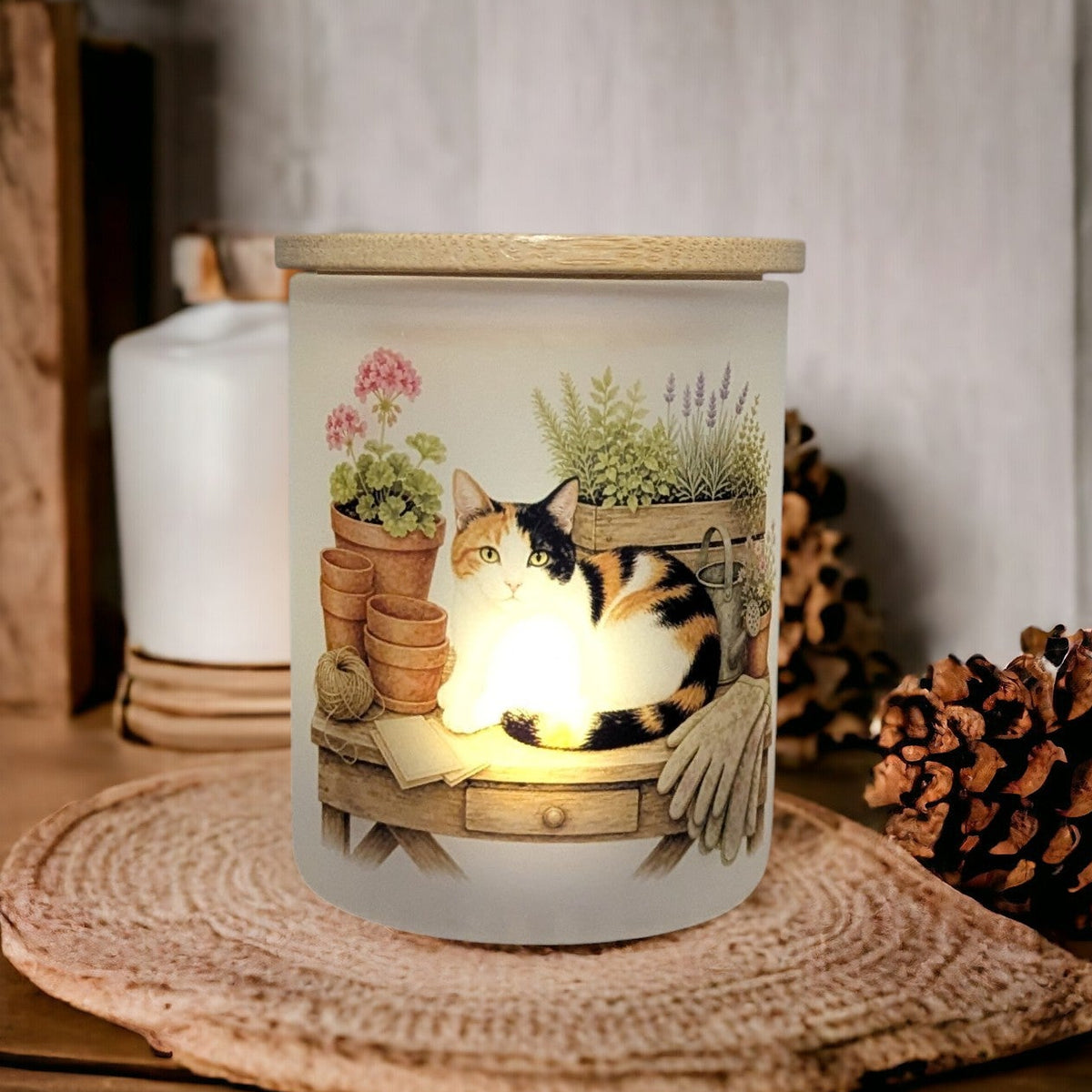 Calico Cat Candle Holder With A Battery Operated Flickering Tea Light