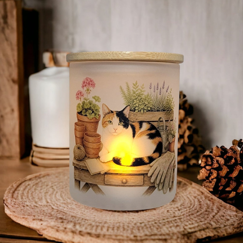 Calico Cat Candle Holder With A Battery Operated Flickering Tea Light