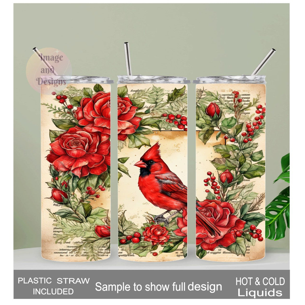 Cardinal With A Journal Page Background Tumbler 20oz With Reusable Straw, Can Be Personalized